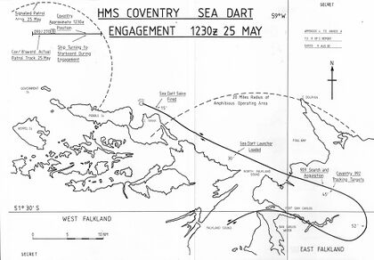 1982年5月25日考文垂号和阔剑号的行动路线