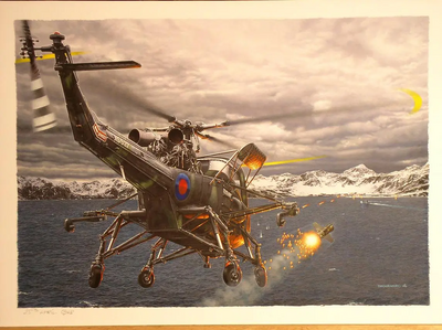 Daniel Bechennec所作的油画《狩猎》(The Hunt)。展现了1982年马岛战争中黄蜂直升机发射AS.12导弹攻击阿根廷潜艇。画中的这架直升机来自坚忍号破冰船,序列号XS527。