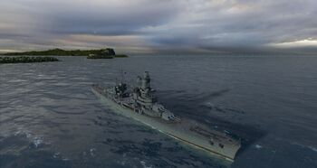 战舰世界中的完全体阿尔及利亚，右舷舰桥下方可以看见计划中的37毫米自动高炮