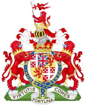 “威灵顿公爵”韦尔斯利家族家徽，下方同样写有“Virtutis Fortuna Comes”的家族格言