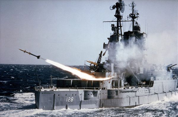 USS Mississippi (EAG-128) fires an SAM-N-7 Terrier missile c1954 1.jpg