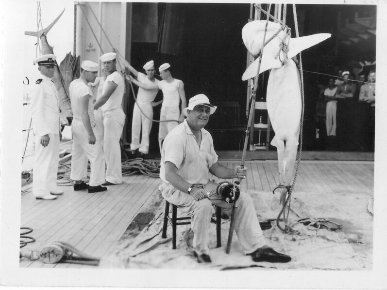 文件:President Franklin D. Roosevelt with a Shark he Caught on a Cruise on the USS Houston.jpg