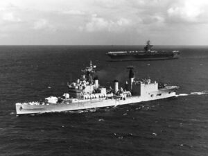 HMS Blake (C99) and USS Nimitz (CVN-68) underway in the English Channel on 4 October 1975 (K-110412).jpg