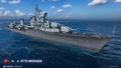 《战舰世界》的超级驱逐舰“奥托·韦迪根”以1945型为原型,但加入了一些原创设计(比如主炮使用双联装61倍径128mm高两用炮,以及使用SL-8测距仪柱、四联装30mm防空炮和五联装鱼雷)。